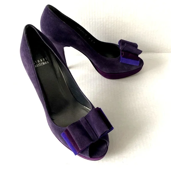 Stuart Weitzman Pump Platform Slim Heel Moda Purple Suede Peep Toe Bow 6.5